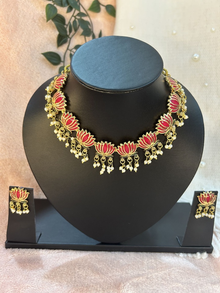 Necklace + Earring Combo (Lotus Design) - Red