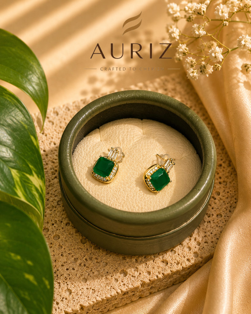 Earring Green Stone Accent (Square)