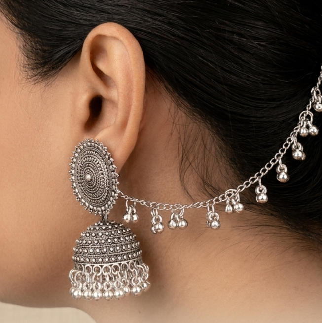 Black Metal Earring & Maang Teeka