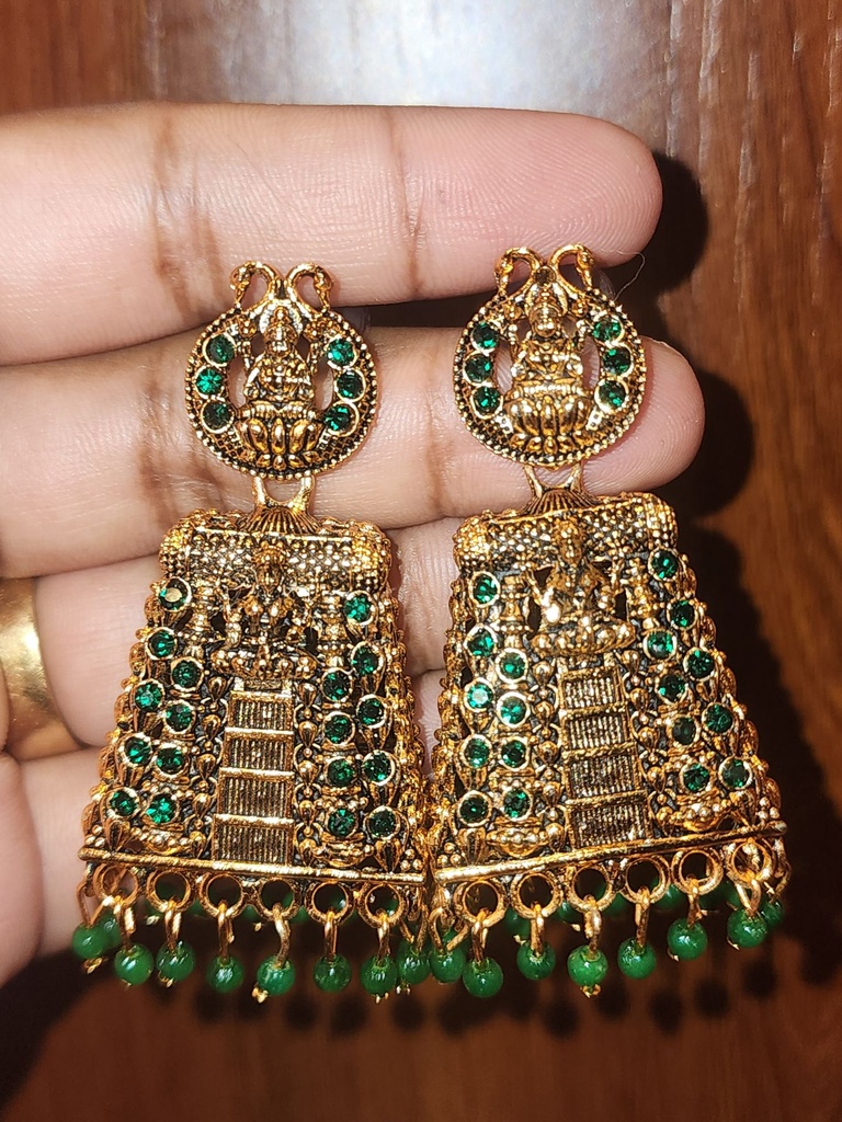 Golden Temple Earrings with Green Pearl