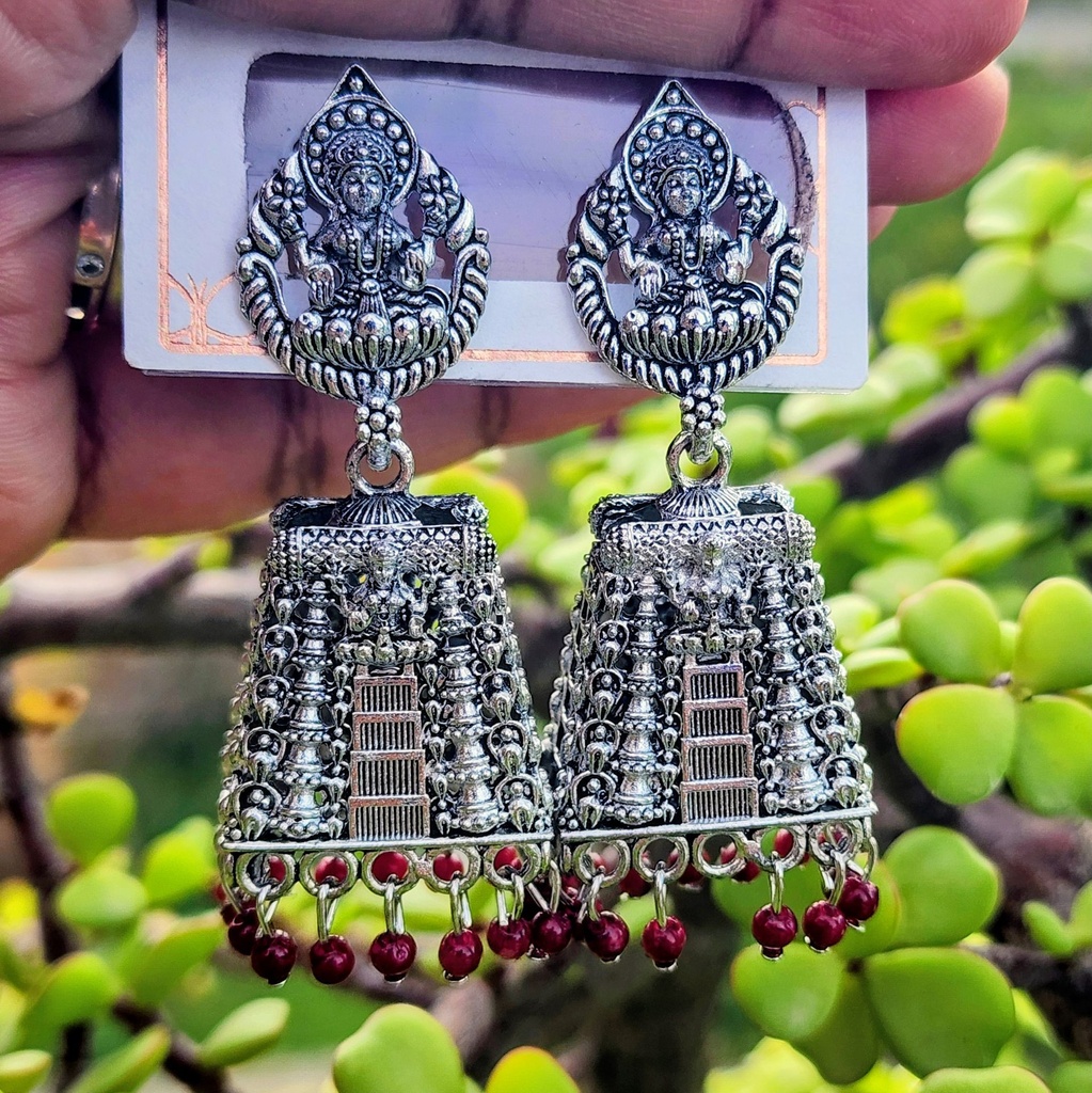 [AZ-E004] Black Temple Earrings- Maroon Stone