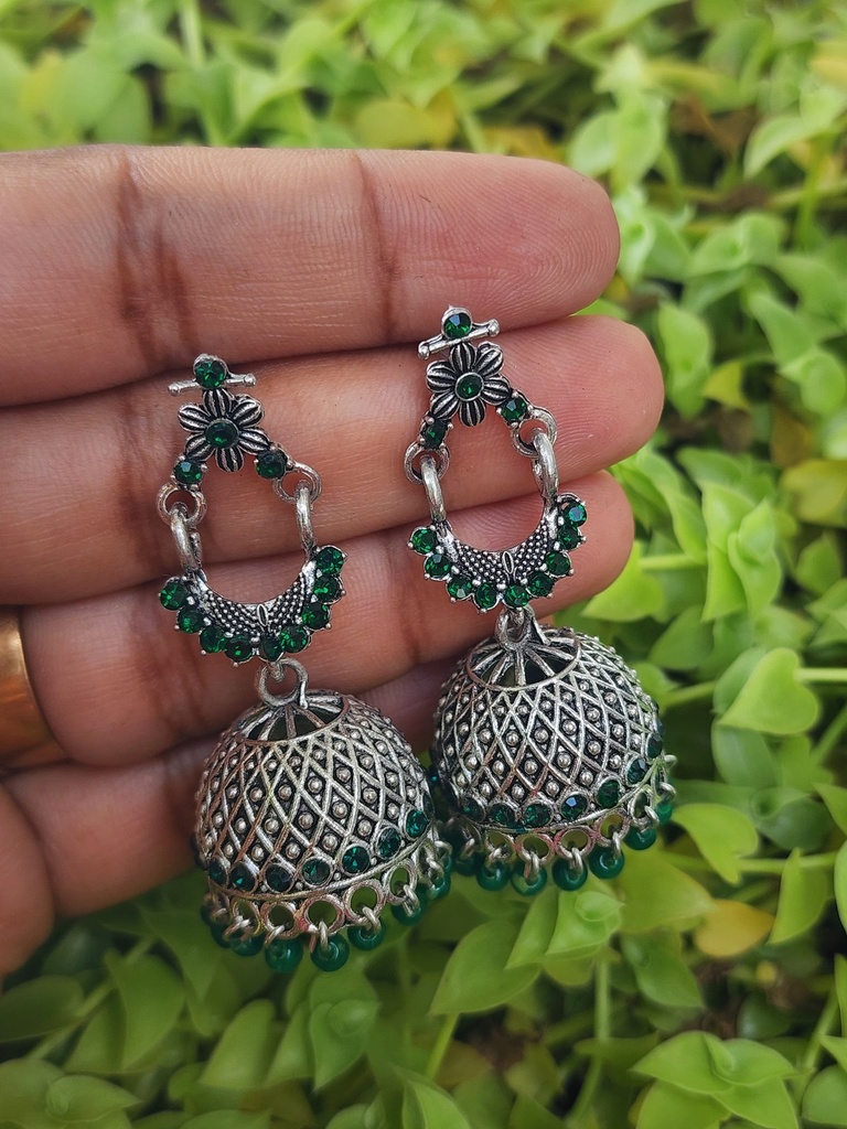 Green Studded Silver Oxide Jumka