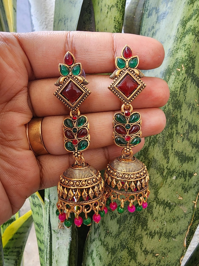 Golden Stone Floral Jumka Earrings – Green & Red-Square