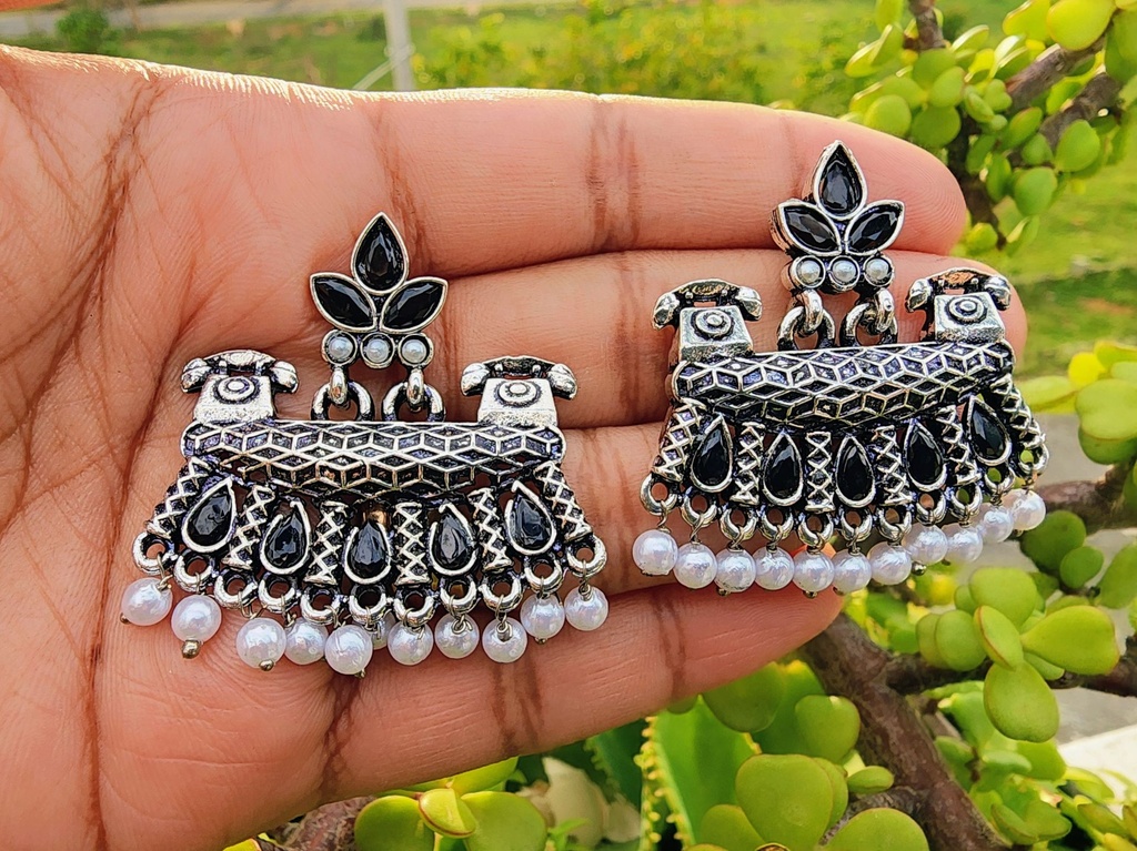 Exotic Oxidized Metal Earrings – Black Stone Stud