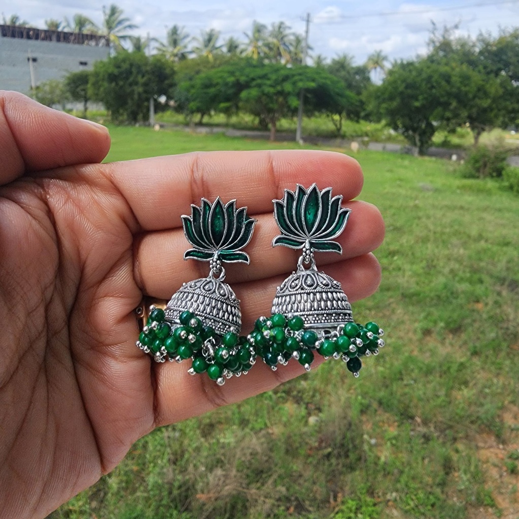 Exotic Oxidized Metal Lotus Jumka Earrings – Green