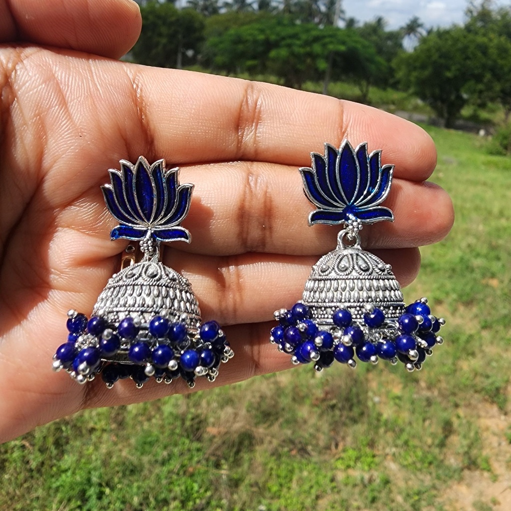 Exotic Oxidized Metal Lotus Jumka Earrings – Blue