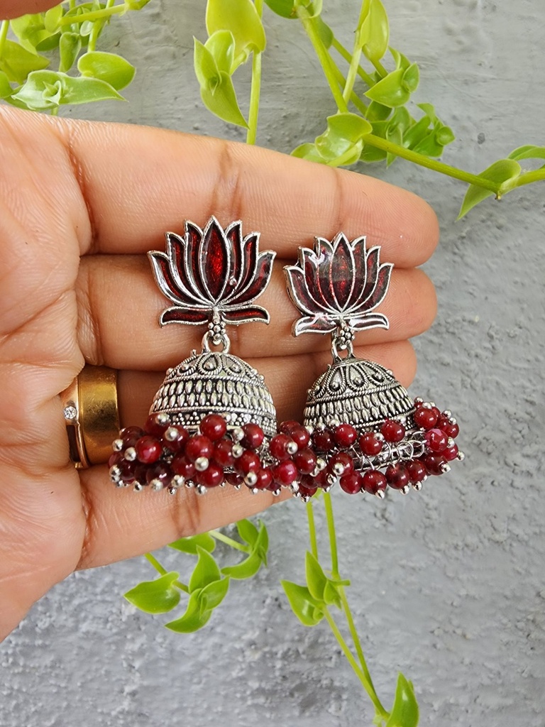 Oxidized Lotus Jumka Earrings (Maroon)