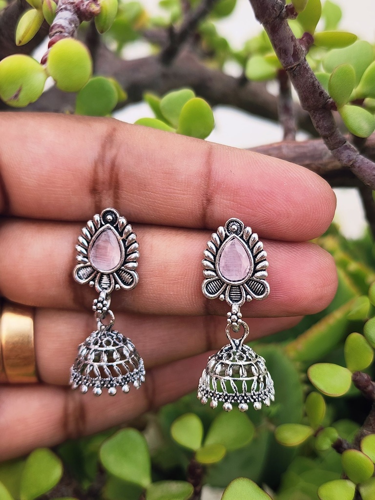 Oxidized Metal Jumka Earring – White Tilak Stud