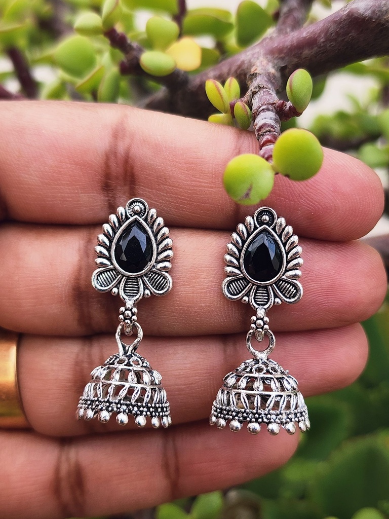 Oxidized Metal Jumka with Tilak Stud – Black